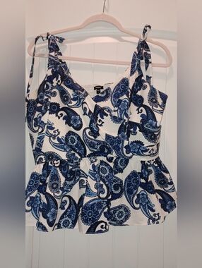 Express White Tank Top with Navy Blue Paisley Print and Tie Straps